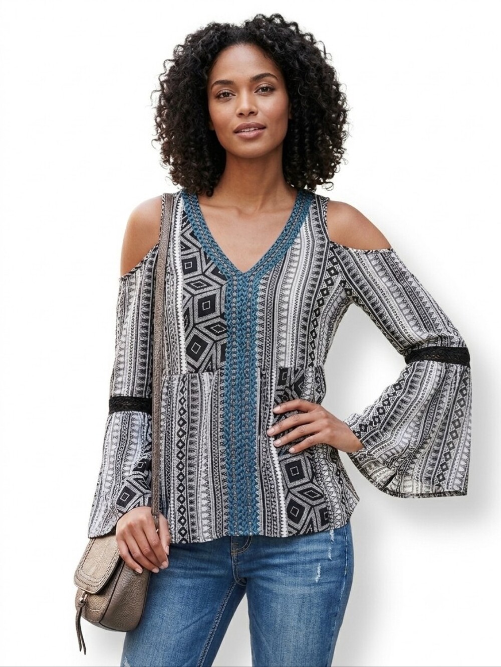 Cupio Boho Black & White Cold-Shoulder Tunic with Blue Trim